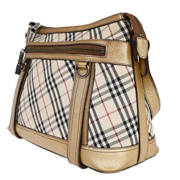 BURBERRY Logo Nova Check Shoulder Bag Canvas Leather Beige Gold Silver - Picture 1 of 16